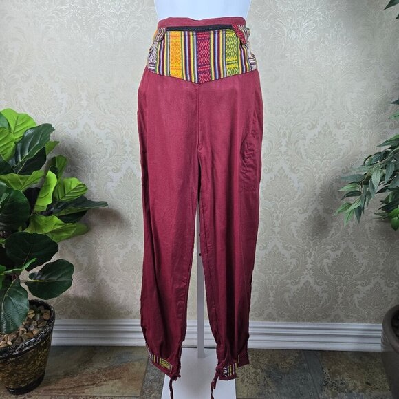 Indian Cotton Pants Dark Red Colorful Stripes Elastic Waist Adj Ankle Ties - Picture 1 of 13